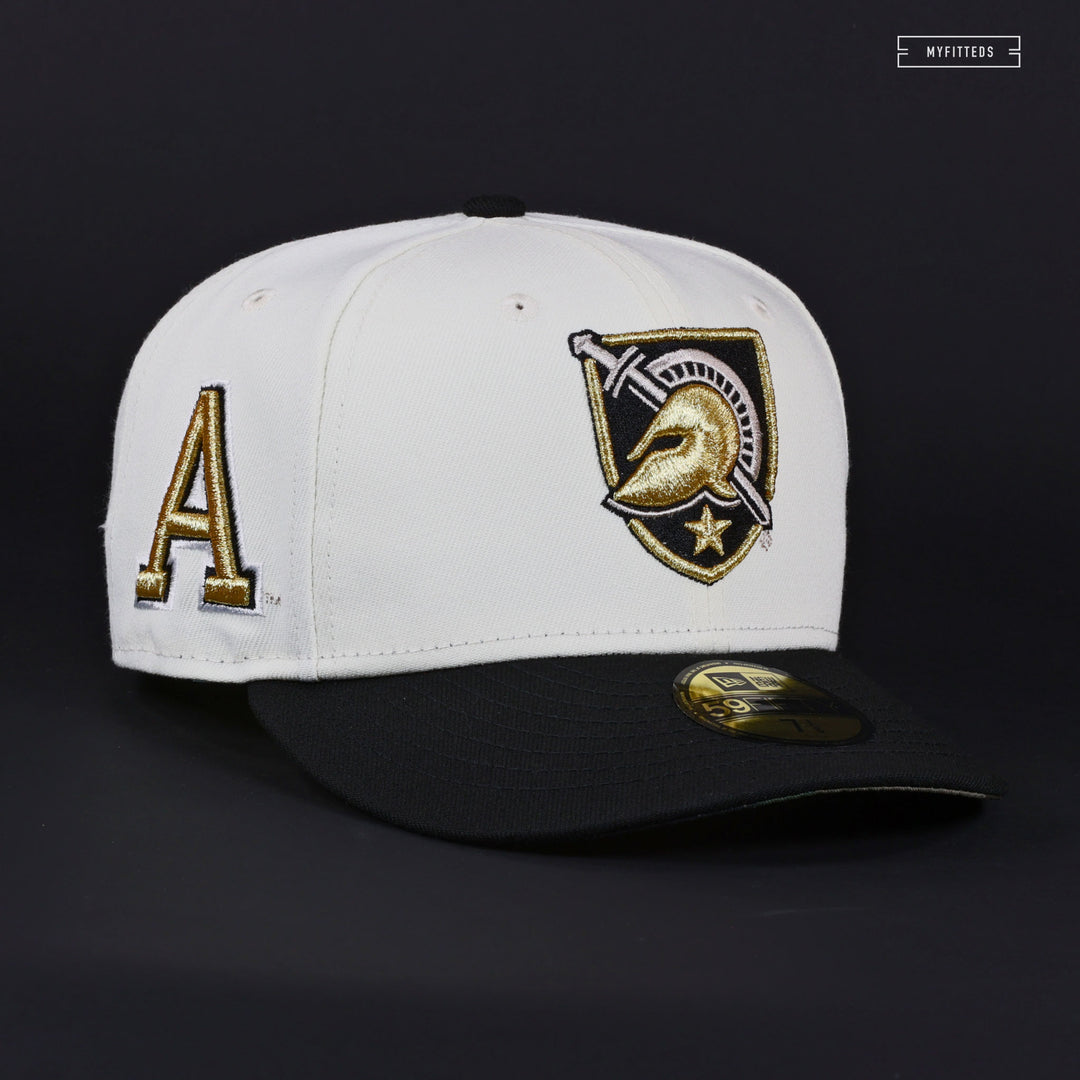 ARMY BLACK KNIGHTS OFF WHITE JET BLACK METALLIC GOLD NEW ERA FITTED CAP