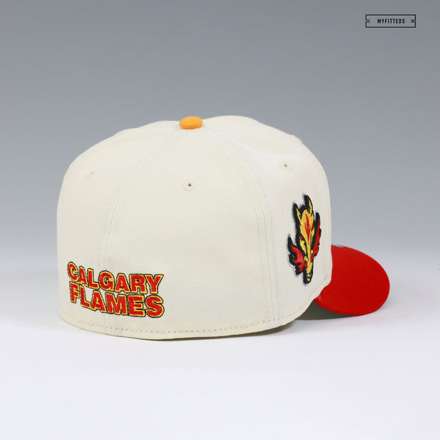 CALGARY FLAMES NHL OFF WHITE RADIANT RED GLOW IN THE DARK NEW ERA FITTED CAP